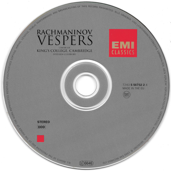 Sergei Vasilyevich Rachmaninoff / The King's College Choir Of Cambridge, Stephen Cleobury - Vespers (CD) (Near Mint (NM or M-)) - Image 3