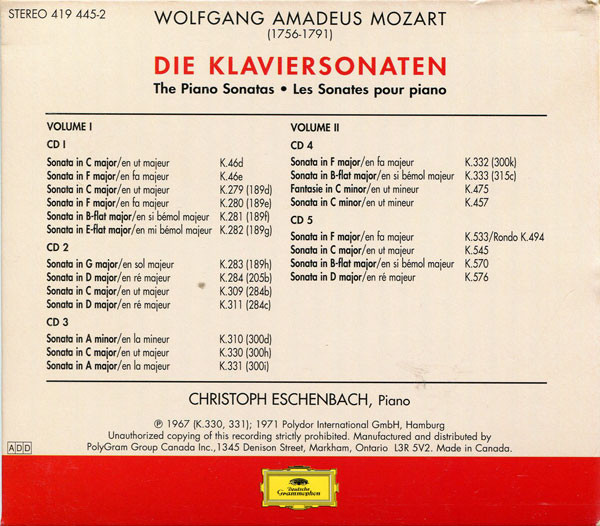 Christoph Eschenbach, Wolfgang Amadeus Mozart - The Piano Sonatas = Les Sonates Pour Piano (Box, Sli + 5xCD, RE) (Near Mint (NM or M-)) - Image 2