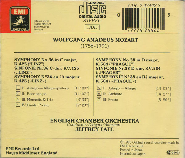 Wolfgang Amadeus Mozart, Jeffrey Tate, English Chamber Orchestra - Symphonies = Sinfonien No. 36 "Linz" - No. 38 "Prague" (CD, Album, Mad) (Near Mint (NM or M-)) - Image 2