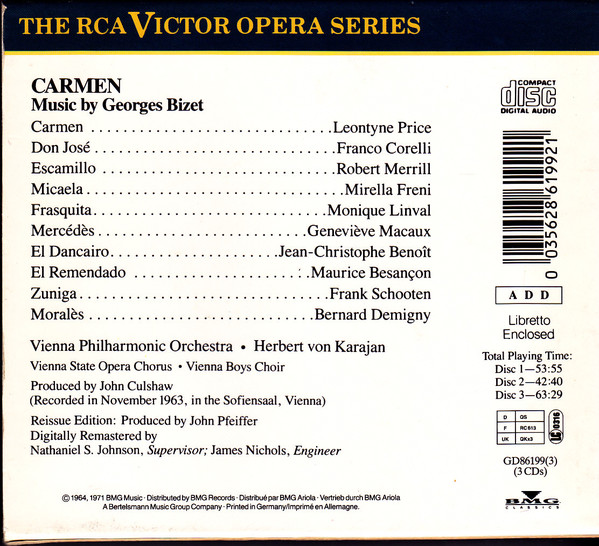 Georges Bizet - Leontyne Price, Franco Corelli, Mirella Freni, Wiener Philharmoniker, Herbert von Karajan - Carmen (3xCD, Album, RE, RM) (Very Good Plus (VG+)) - Image 2