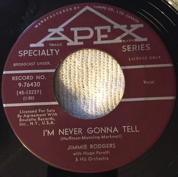 Jimmie Rodgers (2) - Because You're Young / I'm Never Gonna Tell (7", Single) (Near Mint (NM or M-)) - Image 2