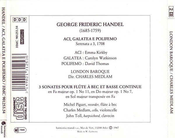 Georg Friedrich Händel – Emma Kirkby, Carolyn Watkinson, David Thomas (9), London Baroque, Charles Medlam - Aci, Galatea E Polifemo (Serenata A Tre, 1708) (2xCD, Album) (Near Mint (NM or M-)) - Image 2