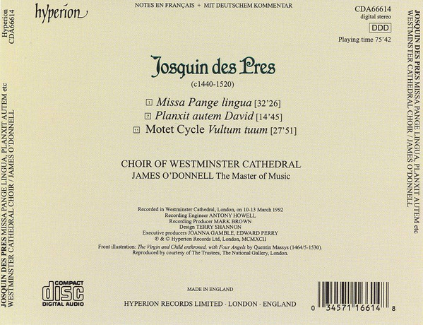 Josquin Des Prés, Westminster Cathedral Choir, James O'Donnell (2) - Missa Pange Lingua / Vultum Tuum Deprecabuntur / Planxit Autem David (CD, Album) (Near Mint (NM or M-)) - Image 2