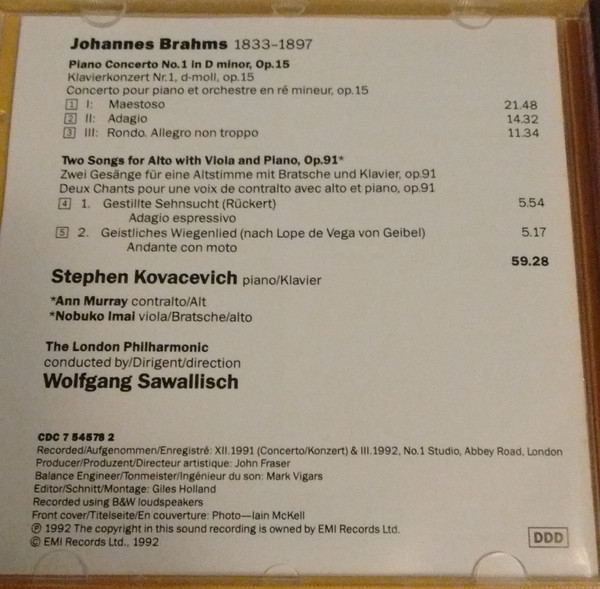 Johannes Brahms, Stephen Bishop-Kovacevich, Wolfgang Sawallisch - Piano Concerto No. 1 - Two Songs, Op. 91 (CD, Album) (Near Mint (NM or M-)) - Image 2