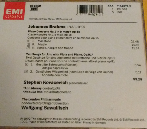 Johannes Brahms, Stephen Bishop-Kovacevich, Wolfgang Sawallisch - Piano Concerto No. 1 - Two Songs, Op. 91 (CD, Album) (Near Mint (NM or M-)) - Image 4