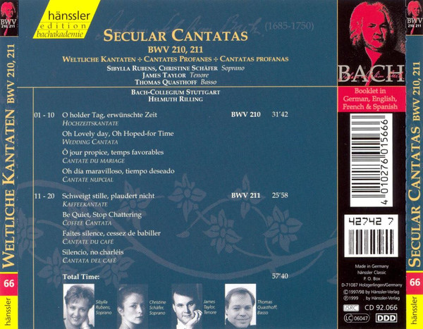 Johann Sebastian Bach, Sibylla Rubens, Christine Schäfer, James Taylor (5), Thomas Quasthoff, Bachcollegium Stuttgart, Helmuth Rilling - Secular Cantatas BWV 210, 211 (CD, Album) (Near Mint (NM or M-)) - Image 2