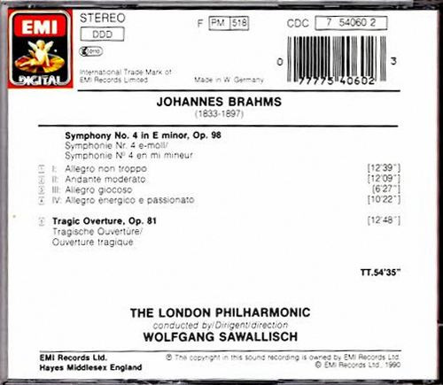 Johannes Brahms, London Philharmonic Orchestra, Wolfgang Sawallisch - Symphony No. 4 In E Minor, Op. 68 / Tragic Overture, Op. 81 (CD, Album) (Near Mint (NM or M-)) - Image 3