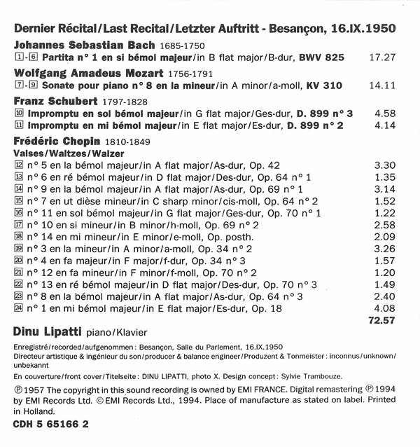 Dinu Lipatti - Dernier Récital/Last Recital/Letzer Auftritt: Besançon, 16.IX.1950 - Bach, Mozart, Schubert, Chopin (CD, Mono) (Near Mint (NM or M-)) - Image 2
