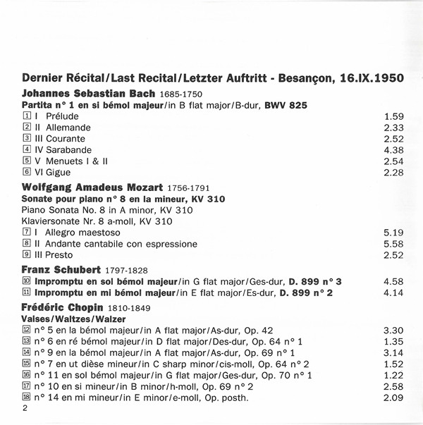 Dinu Lipatti - Dernier Récital/Last Recital/Letzer Auftritt: Besançon, 16.IX.1950 - Bach, Mozart, Schubert, Chopin (CD, Mono) (Near Mint (NM or M-)) - Image 3