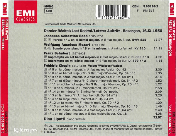 Dinu Lipatti - Dernier Récital/Last Recital/Letzer Auftritt: Besançon, 16.IX.1950 - Bach, Mozart, Schubert, Chopin (CD, Mono) (Near Mint (NM or M-)) - Image 5