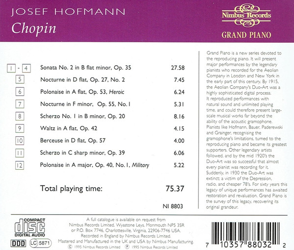 Josef Hofmann - Frédéric Chopin - Chopin (CD) (Near Mint (NM or M-)) - Image 2