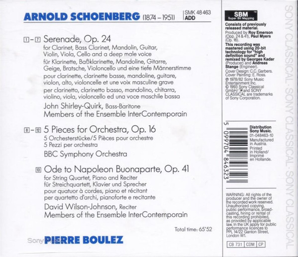 Arnold Schoenberg - John Shirley-Quirk, David Wilson-Johnson, Yvonne Minton, Ensemble Intercontemporain, BBC Symphony Orchestra, Pierre Boulez - Serenade - 5 Pieces For Orchestra - Ode To Napoleon (CD, Comp, RM) (Near Mint (NM or M-)) - Image 2