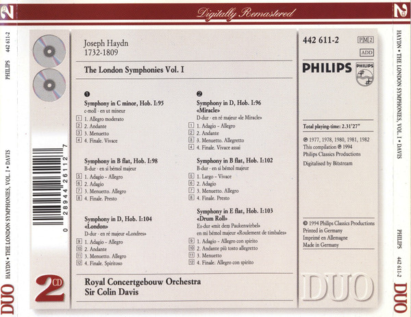 Joseph Haydn - Sir Colin Davis, Concertgebouworkest - The London Symphonies, Vol. 1 (Nos. 95 · 96 · 98 · 102 · 103 · 104) (2xCD, Comp, RE, RM) (Near Mint (NM or M-)) - Image 2
