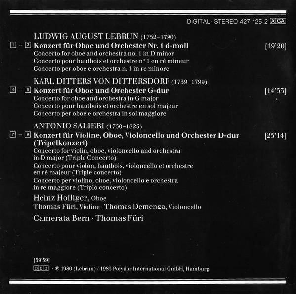 Ludwig August Lebrun / Carl Ditters von Dittersdorf / Antonio Salieri - Heinz Holliger, Camerata Bern, Thomas Füri - Oboenkonzerte / Konzert Für Violine, Oboe Und Violoncello (CD, Comp) (Near Mint (NM or M-)) - Image 2