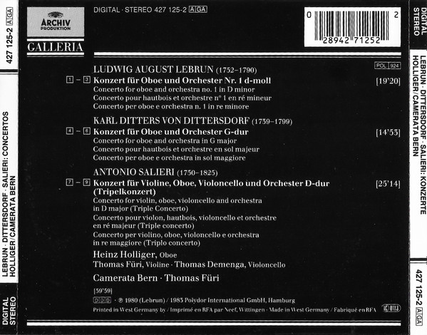 Ludwig August Lebrun / Carl Ditters von Dittersdorf / Antonio Salieri - Heinz Holliger, Camerata Bern, Thomas Füri - Oboenkonzerte / Konzert Für Violine, Oboe Und Violoncello (CD, Comp) (Near Mint (NM or M-)) - Image 3