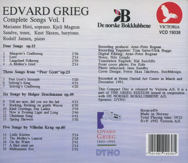 Edvard Grieg, Marianne Hirsti, Kjell Magnus Sandve, Knut Skram, Rudolf Jansen - Complete Songs Vol. I (CD, Album) (Near Mint (NM or M-)) - Image 2
