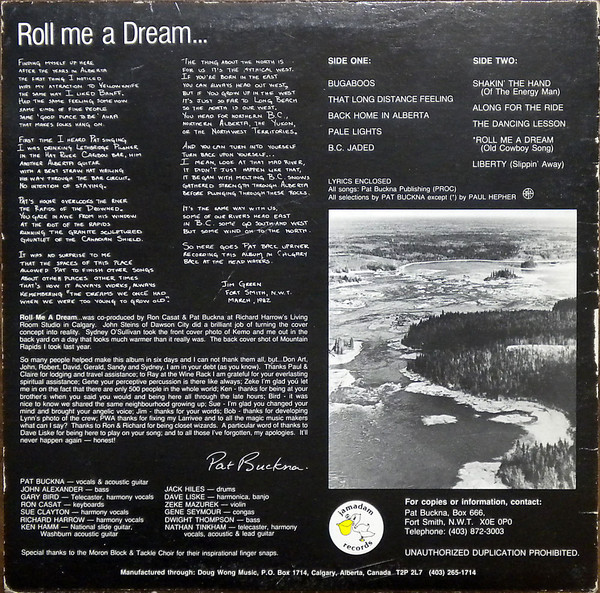 Pat Buckna - Roll Me A Dream... (LP, Album) (Mint (M)) - Image 2