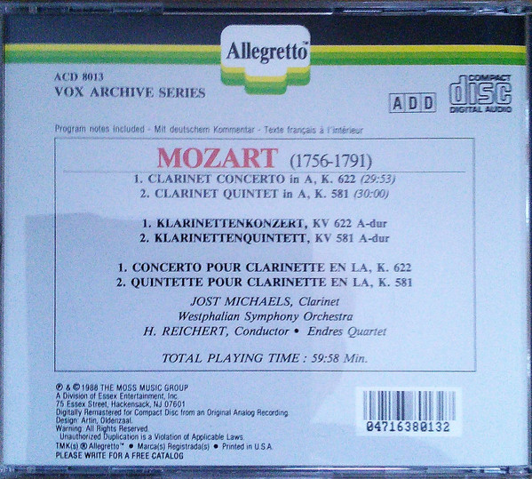 Wolfgang Amadeus Mozart, Jost Michaels, Westfälisches Sinfonieorchester, Hubert Reichert, Endres-Quartett - Clarinet Concerto In A, K. 622 - Clarinet Quintet In A, K. 581 (CD, Album, RM) (Near Mint (NM or M-)) - Image 2