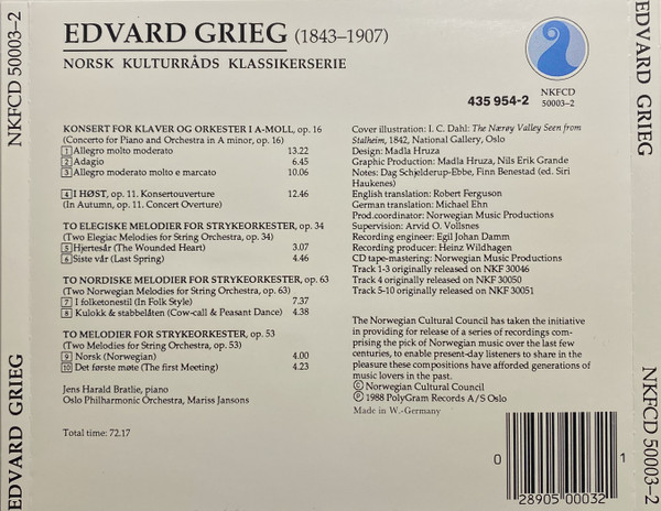 Edvard Grieg, Jens Harald Bratlie, Oslo Filharmoniske Orkester, Mariss Jansons - Piano Concerto In A Minor, Op. 16 / In Autumn, Op. 11 / Two Elegiac Melodies, Op. 34 / Two Norwegian Melodies, Op. 63 / Two Melodies For String Orchestra, Op. 53 (CD, Comp) (Near Mint (NM or M-)) - Image 2
