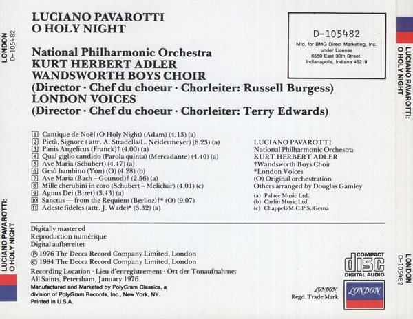 Luciano Pavarotti, National Philharmonic Orchestra, Kurt Herbert Adler - O Holy Night (CD, Album, Club, RE) (Near Mint (NM or M-)) - Image 2