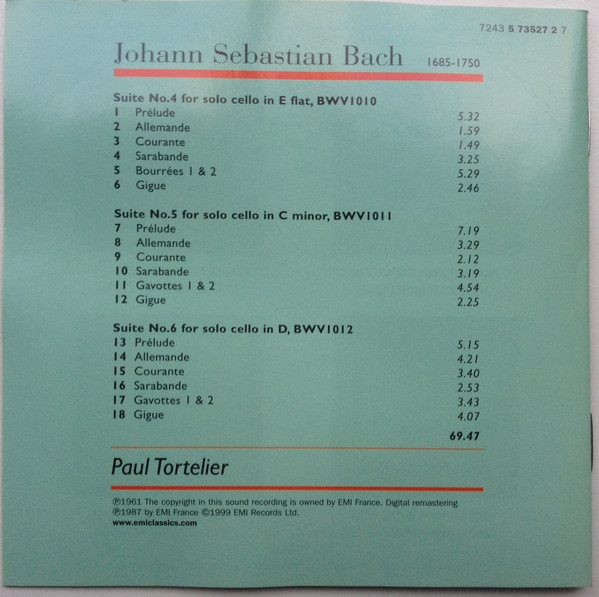 Johann Sebastian Bach · Paul Tortelier - Cello Suites Nos. 4-6 (CD, RM) (Near Mint (NM or M-)) - Image 2