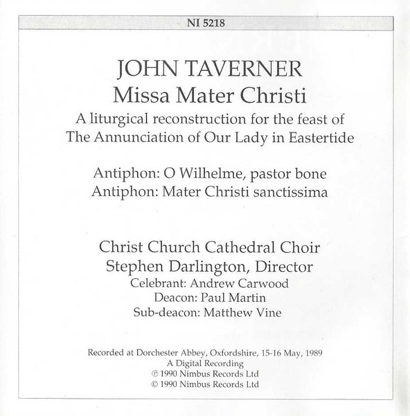 John Taverner, The Choir Of Christ Church Cathedral, Stephen Darlington - Missa Mater Christi (CD, Amb) (Near Mint (NM or M-)) - Image 2