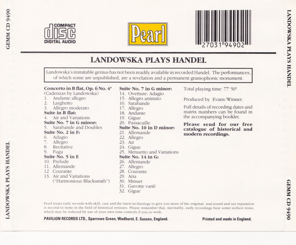Wanda Landowska Plays Georg Friedrich Händel - Landowska Plays Handel (CD, Comp, Mono) (Near Mint (NM or M-)) - Image 2