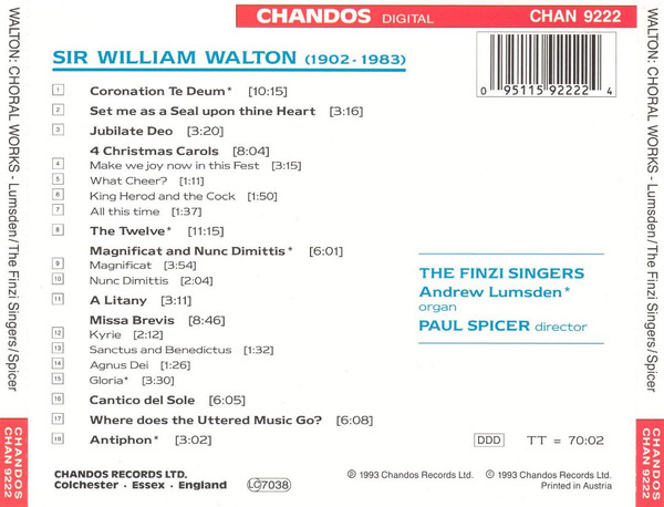 Sir William Walton, The Finzi Singers, Andrew Lumsden, Paul Spicer - Choral Works (CD, Album) (Near Mint (NM or M-)) - Image 2