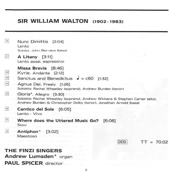 Sir William Walton, The Finzi Singers, Andrew Lumsden, Paul Spicer - Choral Works (CD, Album) (Near Mint (NM or M-)) - Image 4