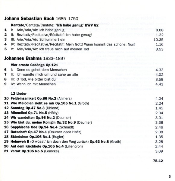 Johann Sebastian Bach / Johannes Brahms - Hans Hotter, Anthony Bernard, Gerald Moore - Cantata No. 82 'Ich Habe Genug' / Vier Ernste Gesänge / 12 Lieder (CD, Comp, RM) (Near Mint (NM or M-)) - Image 2