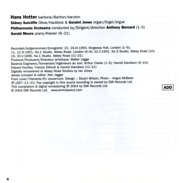 Johann Sebastian Bach / Johannes Brahms - Hans Hotter, Anthony Bernard, Gerald Moore - Cantata No. 82 'Ich Habe Genug' / Vier Ernste Gesänge / 12 Lieder (CD, Comp, RM) (Near Mint (NM or M-)) - Image 3