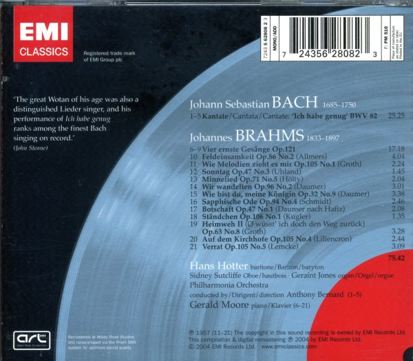 Johann Sebastian Bach / Johannes Brahms - Hans Hotter, Anthony Bernard, Gerald Moore - Cantata No. 82 'Ich Habe Genug' / Vier Ernste Gesänge / 12 Lieder (CD, Comp, RM) (Near Mint (NM or M-)) - Image 4