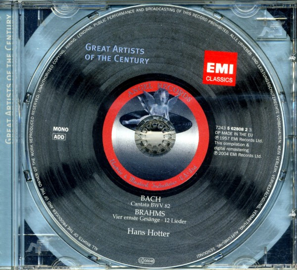 Johann Sebastian Bach / Johannes Brahms - Hans Hotter, Anthony Bernard, Gerald Moore - Cantata No. 82 'Ich Habe Genug' / Vier Ernste Gesänge / 12 Lieder (CD, Comp, RM) (Near Mint (NM or M-)) - Image 5