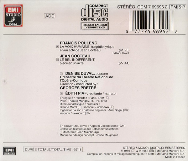 Francis Poulenc / Jean Cocteau - Denise Duval, Orchestre Du Théâtre National De L'Opéra-Comique, Georges Prêtre, Edith Piaf - La Voix Humaine / Le Bel Indifférent (CD, Comp) (Near Mint (NM or M-)) - Image 2