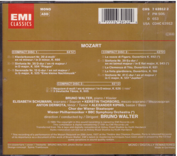 Bruno Walter, Wolfgang Amadeus Mozart, Elisabeth Schumann, Kerstin Thorborg, Anton Dermota, Alexander Kipnis, Wiener Staatsopernchor, Wiener Philharmoniker, BBC Symphony Orchestra - Mozart (3xCD, Comp, Mono) (Near Mint (NM or M-)) - Image 2