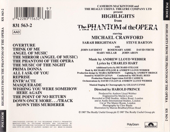 Andrew Lloyd Webber, Michael Crawford, Sarah Brightman, Steve Barton - Highlights From The Phantom Of The Opera (The Original Cast Recording) (CD, Album) (Near Mint (NM or M-)) - Image 2