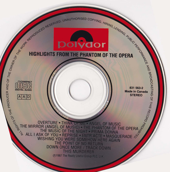 Andrew Lloyd Webber, Michael Crawford, Sarah Brightman, Steve Barton - Highlights From The Phantom Of The Opera (The Original Cast Recording) (CD, Album) (Near Mint (NM or M-)) - Image 3