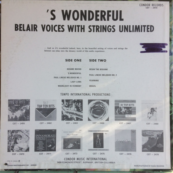 Belair Voices With Strings Unlimited (2) - 'S Wonderful (LP, Album) (Mint (M)) - Image 2