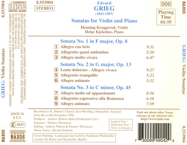 Edvard Grieg - Henning Kraggerud, Helge Kjekshus - Violin Sonatas Nos. 1-3 (CD, Album) (Near Mint (NM or M-)) - Image 2