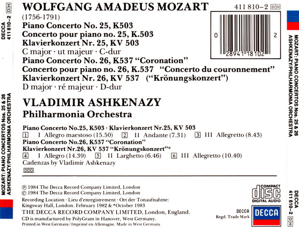 Wolfgang Amadeus Mozart, Philharmonia Orchestra, Vladimir Ashkenazy - Piano Concertos No.25, K503 & No.26, K537 (CD) (Near Mint (NM or M-)) - Image 2