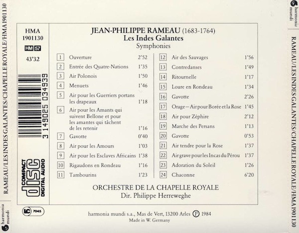 Jean-Philippe Rameau / La Chapelle Royale, Philippe Herreweghe - Les Indes Galantes - Suites D'Orchestre (CD, Album, RE) (Near Mint (NM or M-)) - Image 2