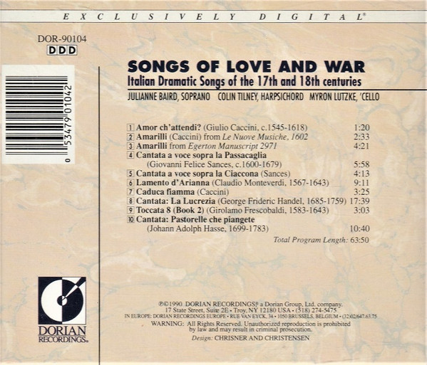 Julianne Baird • Colin Tilney • Myron Lutzke - Songs Of Love And War (Works By Monteverdi, Handel, Caccini, Frescobaldi And Others) (CD, Album) (Near Mint (NM or M-)) - Image 2