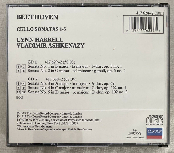 Beethoven*, Lynn Harrell, Vladimir Ashkenazy - Cello Sonatas 1–5 (2xCD, Album) (Mint (M)) - Image 2