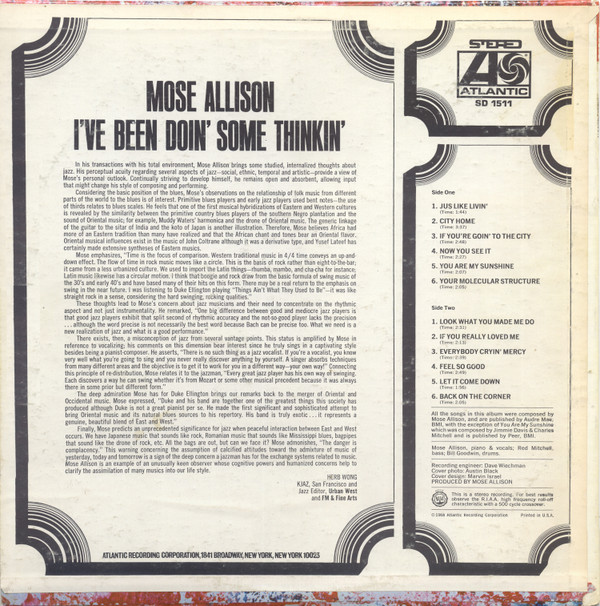 Mose Allison - I've Been Doin' Some Thinkin' (LP, Album) (Very Good Plus (VG+)) - Image 2