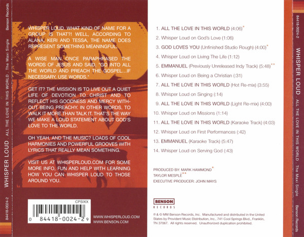 Whisper Loud - All The Love In This World (CD, Maxi) (Mint (M)) - Image 2