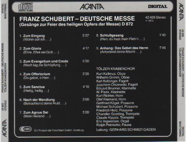 Tölzer Knabenchor, Gerhard Schmidt-Gaden, Franz Schubert - Deutsche Messe (D 872) (CD, RE) (Near Mint (NM or M-)) - Image 2