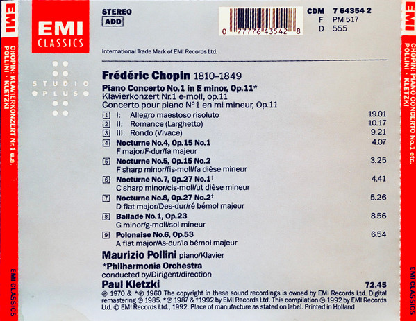 Chopin* - Maurizio Pollini, Philharmonia Orchestra, Paul Kletzki - Piano Concerto No. 1 / 4 Nocturnes / Ballade No. 1 / Polonaise No. 6 (CD, Comp, RE, RM) (Mint (M)) - Image 2