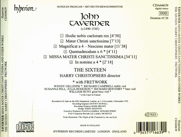 John Taverner / The Sixteen / Harry Christophers With Fretwork - Missa Mater Christi Sanctissima (CD, Album) (Mint (M)) - Image 2