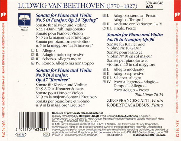 Beethoven* - Zino Francescatti, Robert Casadesus - Violin Sonatas No. 5 "Spring" - No. 9 "Kreutzer" - No. 10 (CD, Comp, RM) (Near Mint (NM or M-)) - Image 2