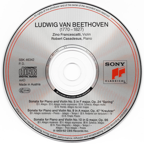 Beethoven* - Zino Francescatti, Robert Casadesus - Violin Sonatas No. 5 "Spring" - No. 9 "Kreutzer" - No. 10 (CD, Comp, RM) (Near Mint (NM or M-)) - Image 3